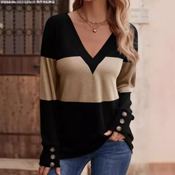 2024 European American New Patchwork Long Sleeve Button V-Neck Autumn Winter Casual women's Top