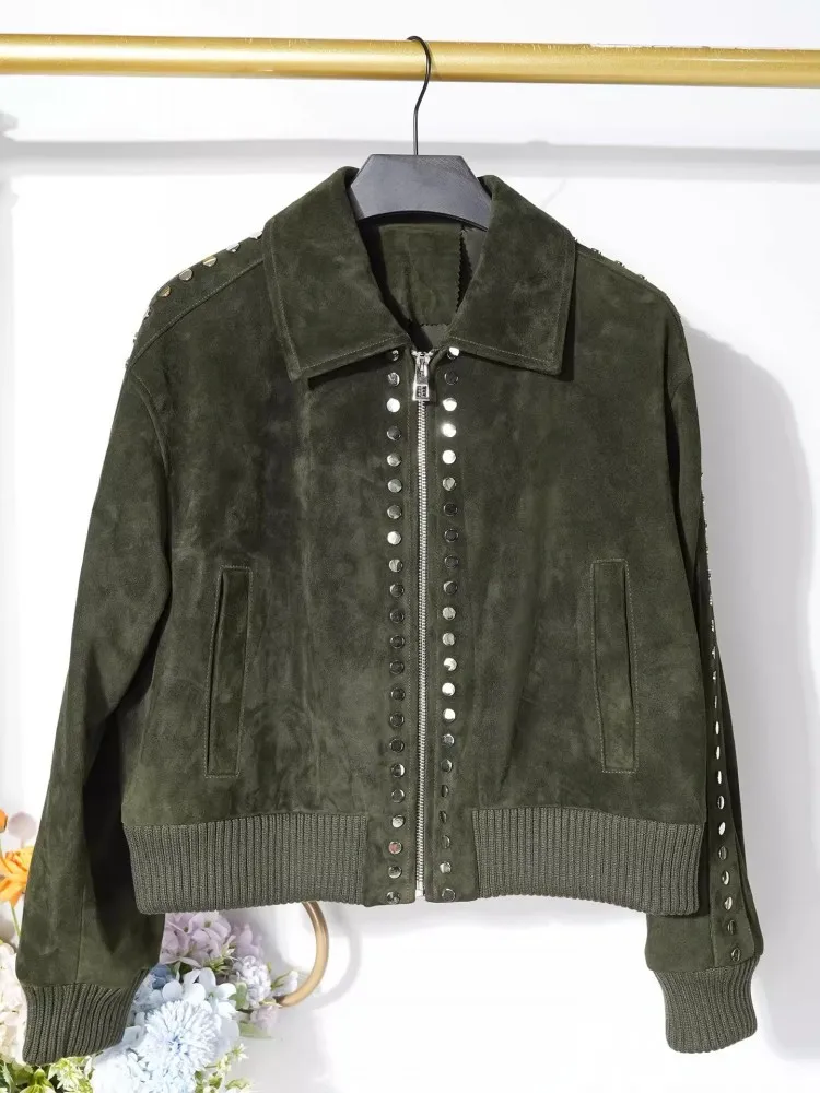 الخريف الشتاء جلد طبيعي الجلد المدبوغ الإناث سترة المسامير ترتيب الأسرة طوق ملابس خارجية قصيرة سحابات معطف دراجة نارية جلد الغنم الحقيقي