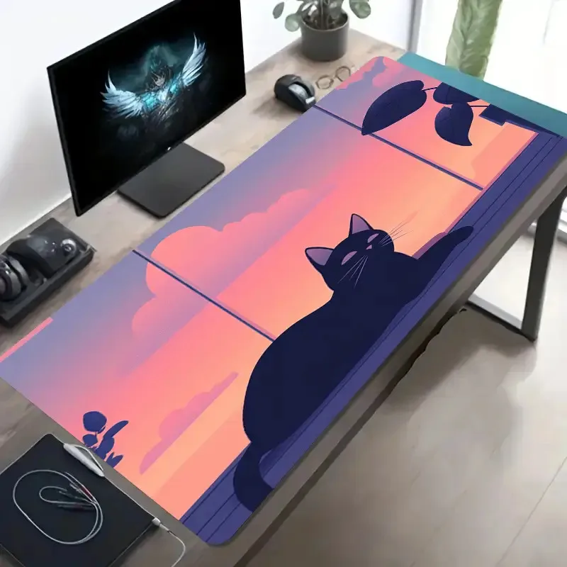Black Cat Sunset Aesthetic Extra Large Gaming Desk Mat Non-Slip Rubber Oversized Mouse Pad Office