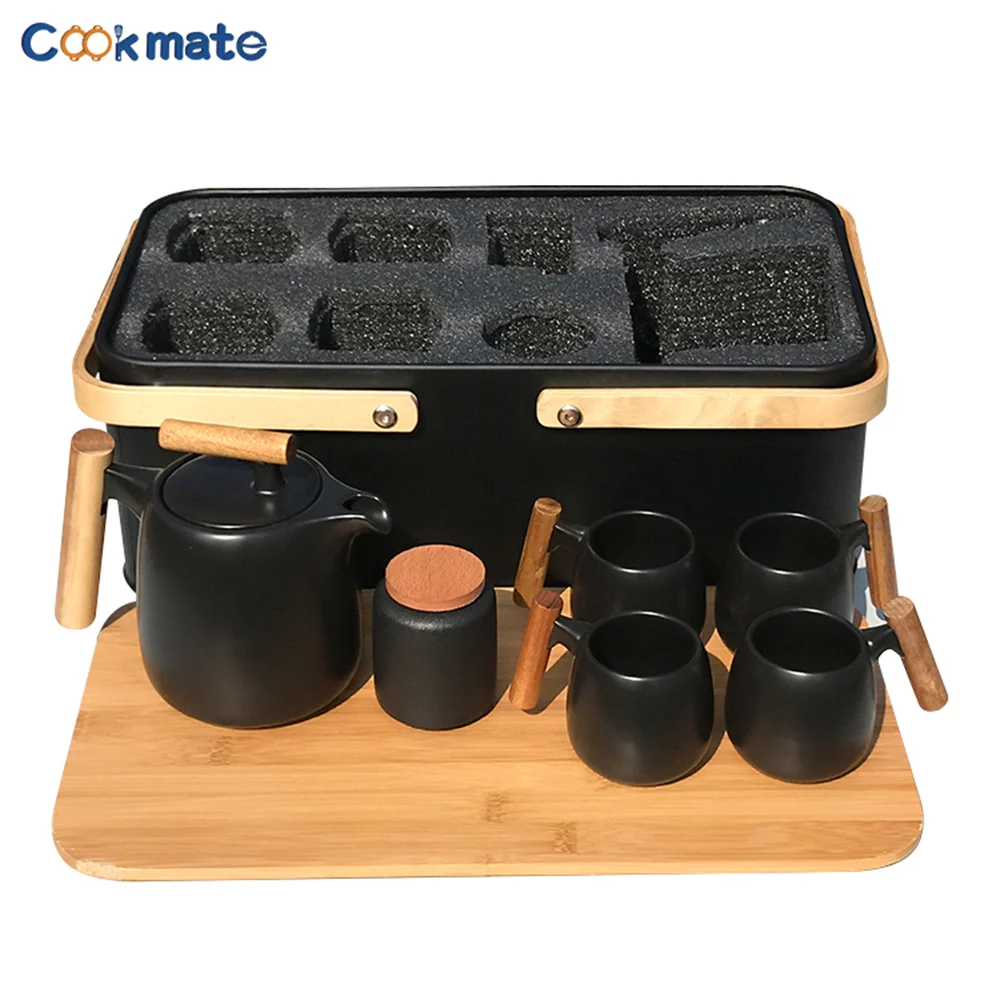 Black CeramicTea Set With 4pcs Cup Tea Pot  Metal Box for Traveling Great For Birthday Festival Tea Gift Set for Tea Lovers