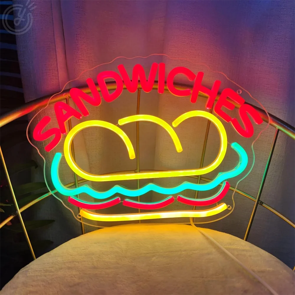 Sandwiches Neon Sign Sandwich Sign Food Neon Signs for Wall Decor, Sandwich Decorate for Home Kitchen Restaurant Store Fast Food