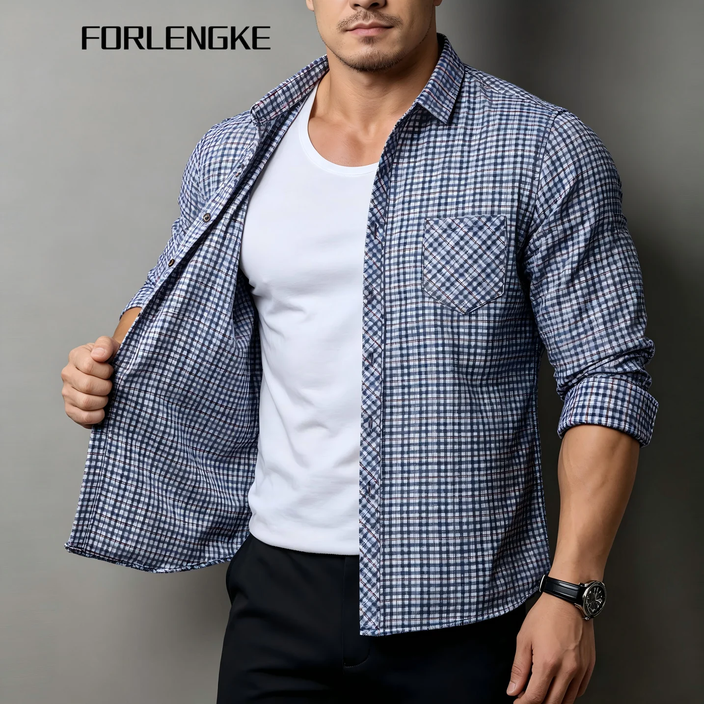FORLENGKE Men Casual Small Plaid Long Sleeve Shirt, Soft Breathable Regular Fit Pocket Button Up Top For Spring Autumn Daily Off
