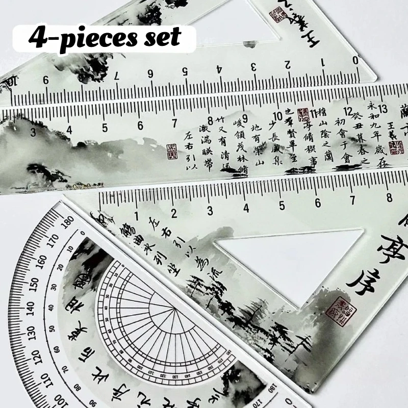 Chinese Ancient Calligraphy Transparent 4-piece Ruler Student Straight Ruler Triangle Ruler Protractor Back To School Supplies