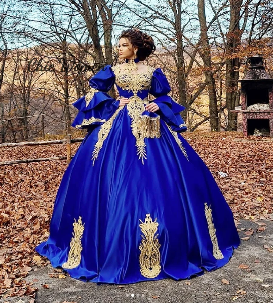 Traditional Moroccan Royal Blue Evening Dress With Gold Lace Satin Long Sleeve Marocain Prom Dress Elegant Dubai PartyCustomized