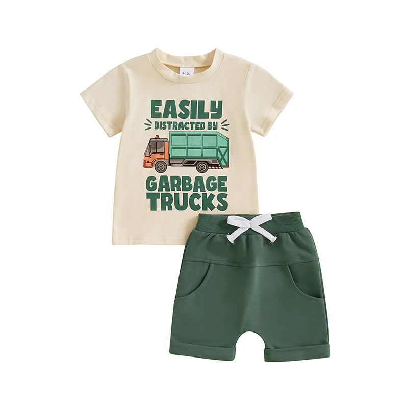 

1-4T Toddler Baby Boy Garbage Truck Short Sleeve T-Shirt Tops Shorts Set Trash Day Truck Driver Outfit 2Pcs Summer Clothes