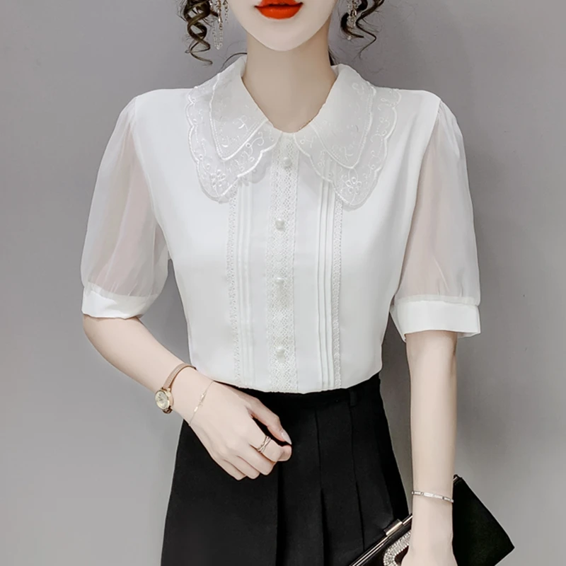 Vintage Summer Chiffon Blouses Women 2024 Elegant Fashion White Blusas Mujer Beading Sexy Puff Sleeve Casual Ladies Tops Shirts