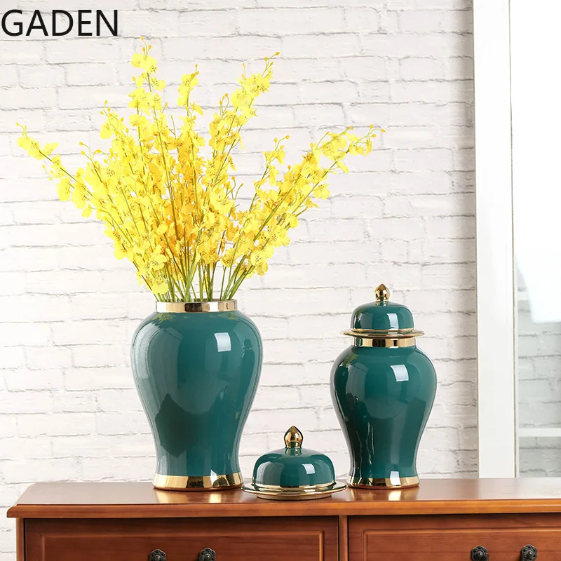 

Gold-plated Dark Green Ceramic Ginger Jar Ornaments Creative Dried Flower Flower Arrangement Accessories Home Decoration Vase