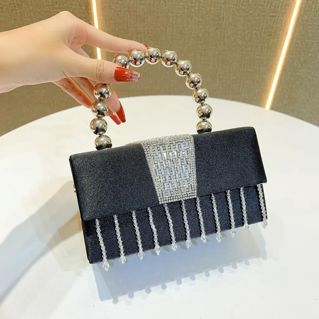 Women Rhinestone Fringe Clutch Bag Metal Ball Handle Evening Purse Elegant Box Shape Handbag for Wedding Party Prom Gift