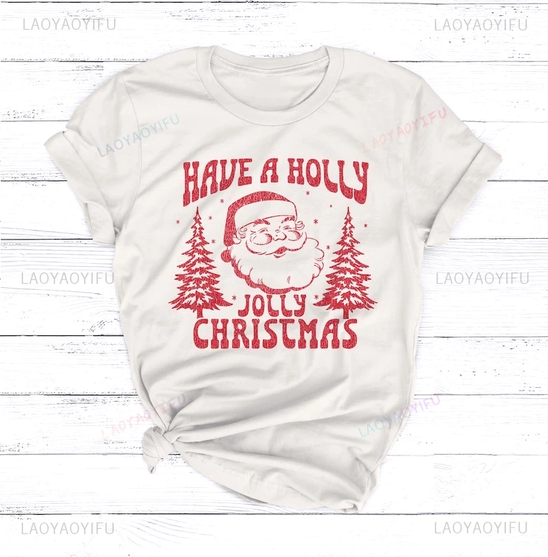 Retro Santa Tees Women's Christmas Shirt Unisex Santa Clause Holiday Shirt Christmas Tshirt Fashionable Short Sleeves Tees