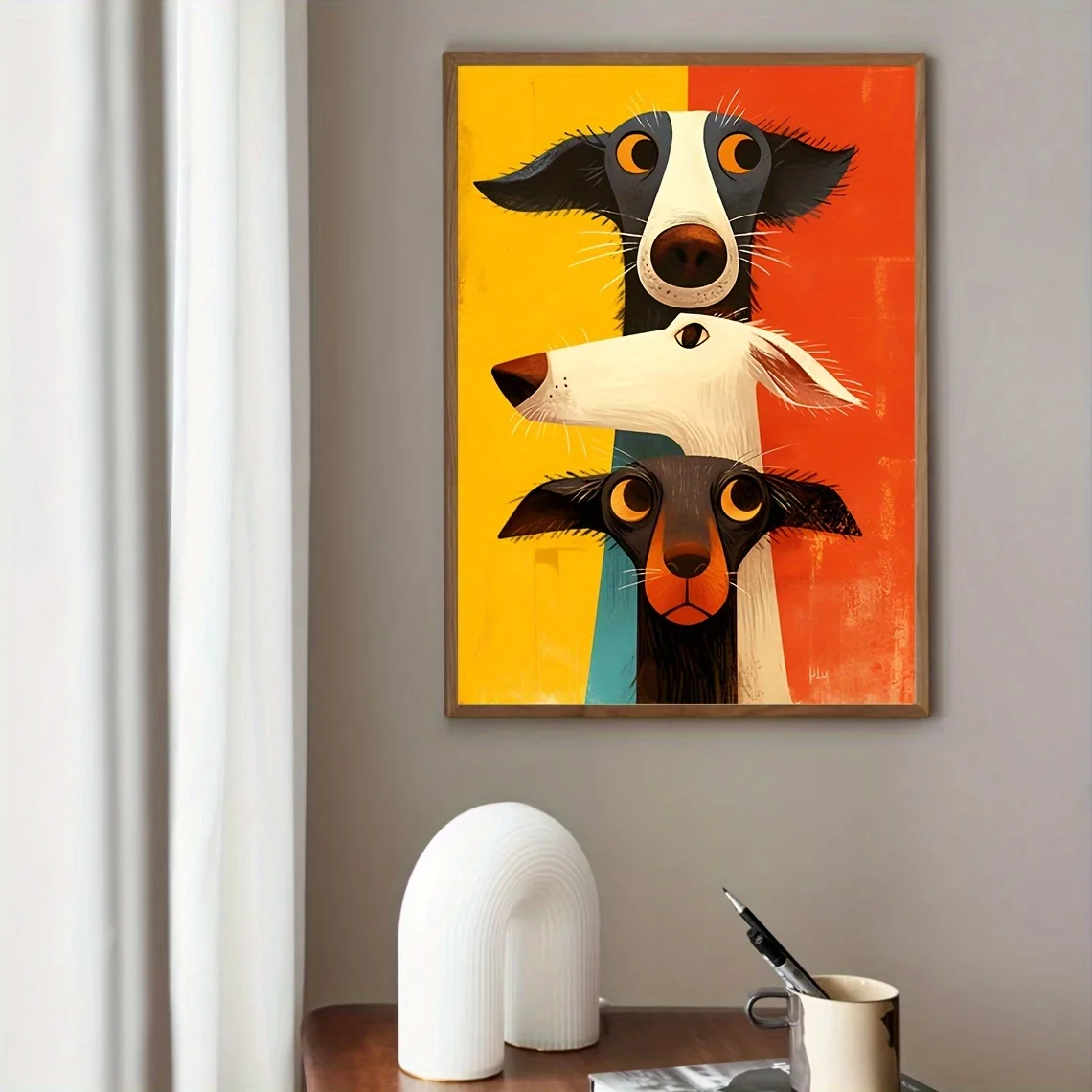 1pc Whimsical Dog Canvas Art Print - Frameless Abstract Animal Wall Decor, Vibrant Orange & Yellow Dog Poster for Bedroom Decor