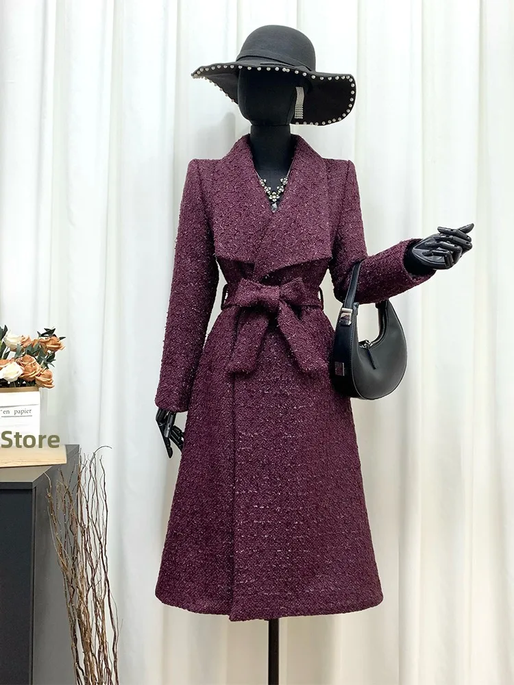 

Pigno Purple Red Thiened Woolen Coat Women's Long Sve High Waist Belted Luxury Sle Faion Outerwear Coat