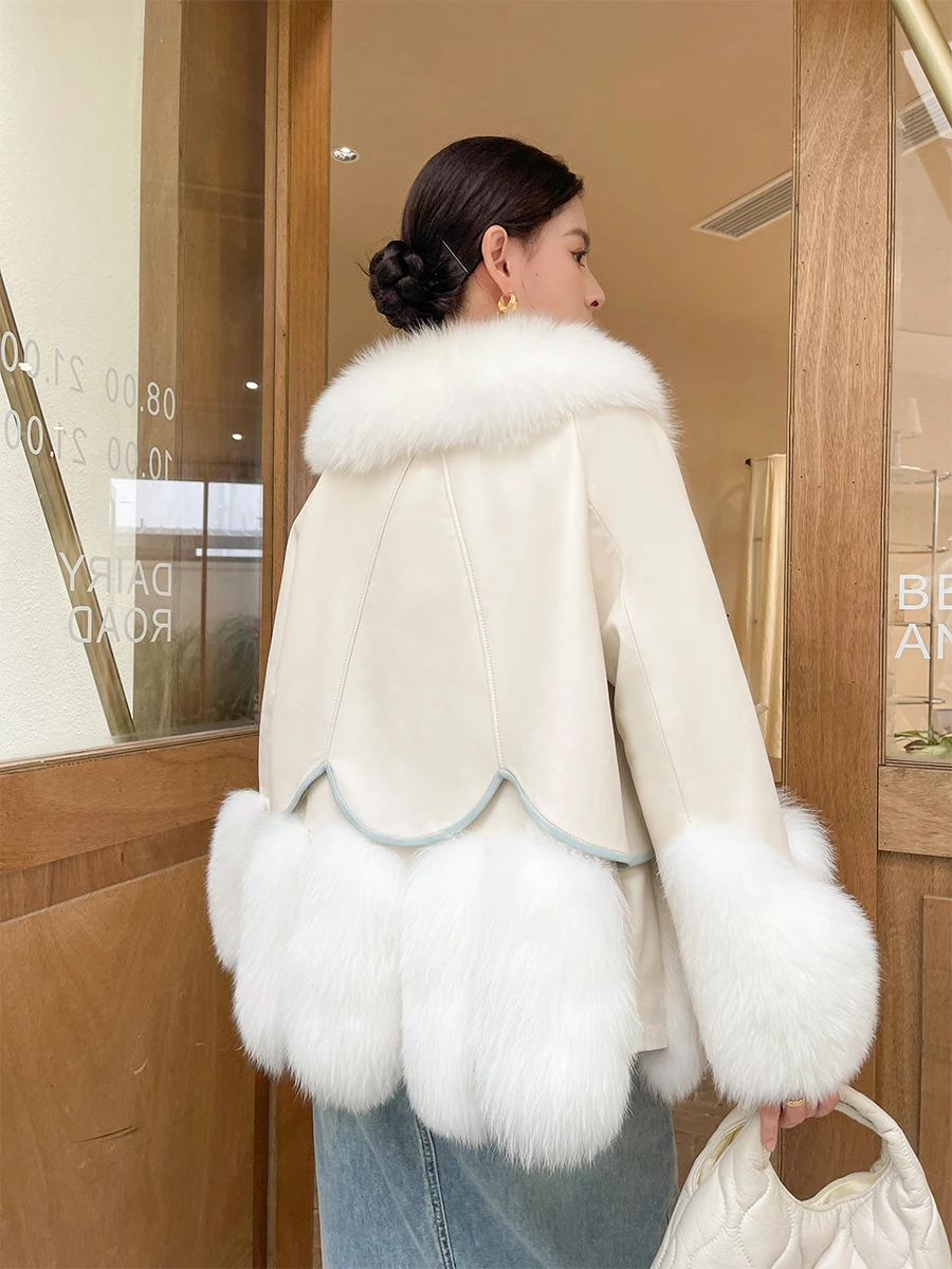 Coat Fur Women's Solid Color Fashion Loose Mid-Length New Fox Fur Stitching Integrated Thickened Warm Goose down Whole Leather