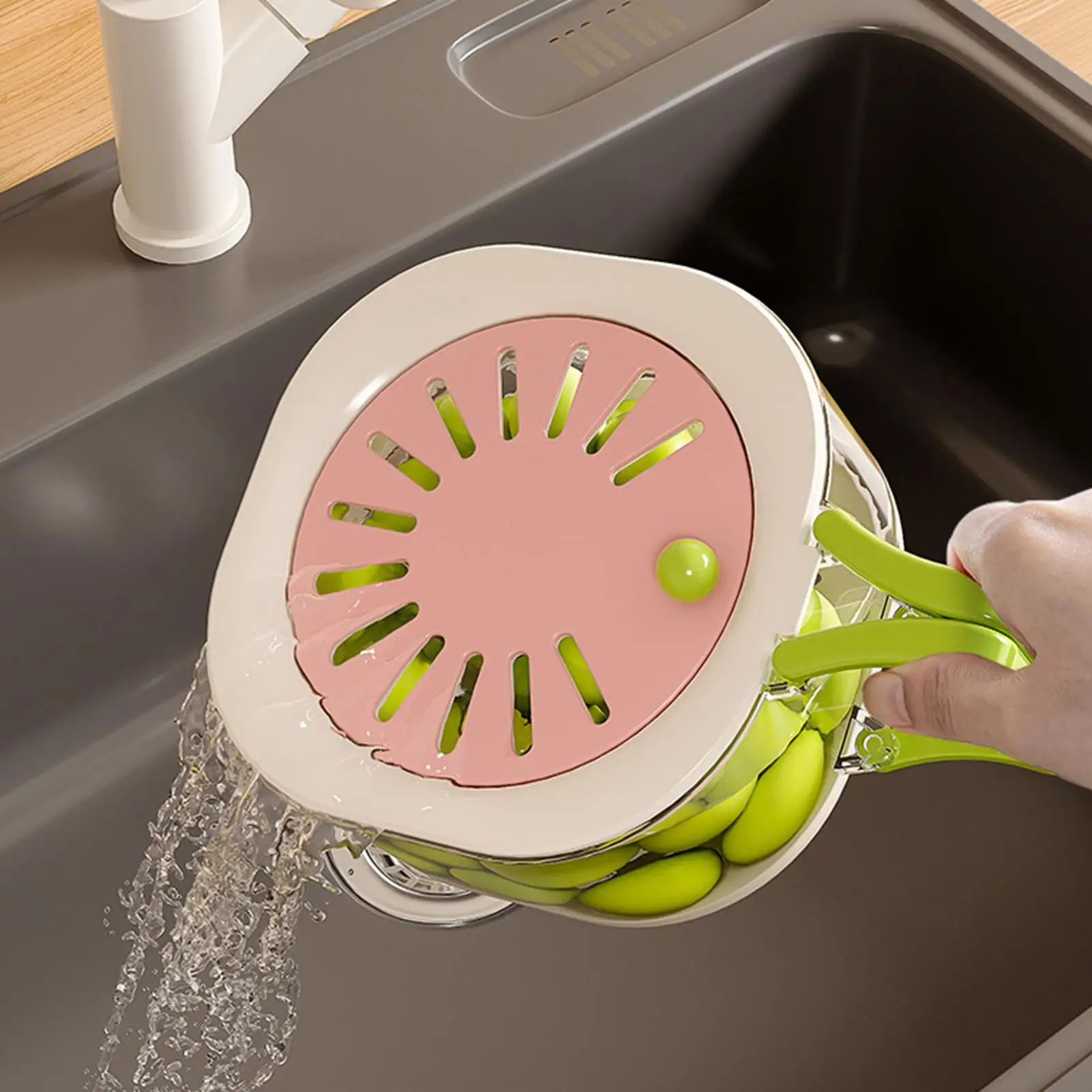 2 in 1 Double Layer Fruit Washing Bowl Drain Basket Fruit Drainer Container Foldable Handle Food Fruit Plate Strainer Bowl
