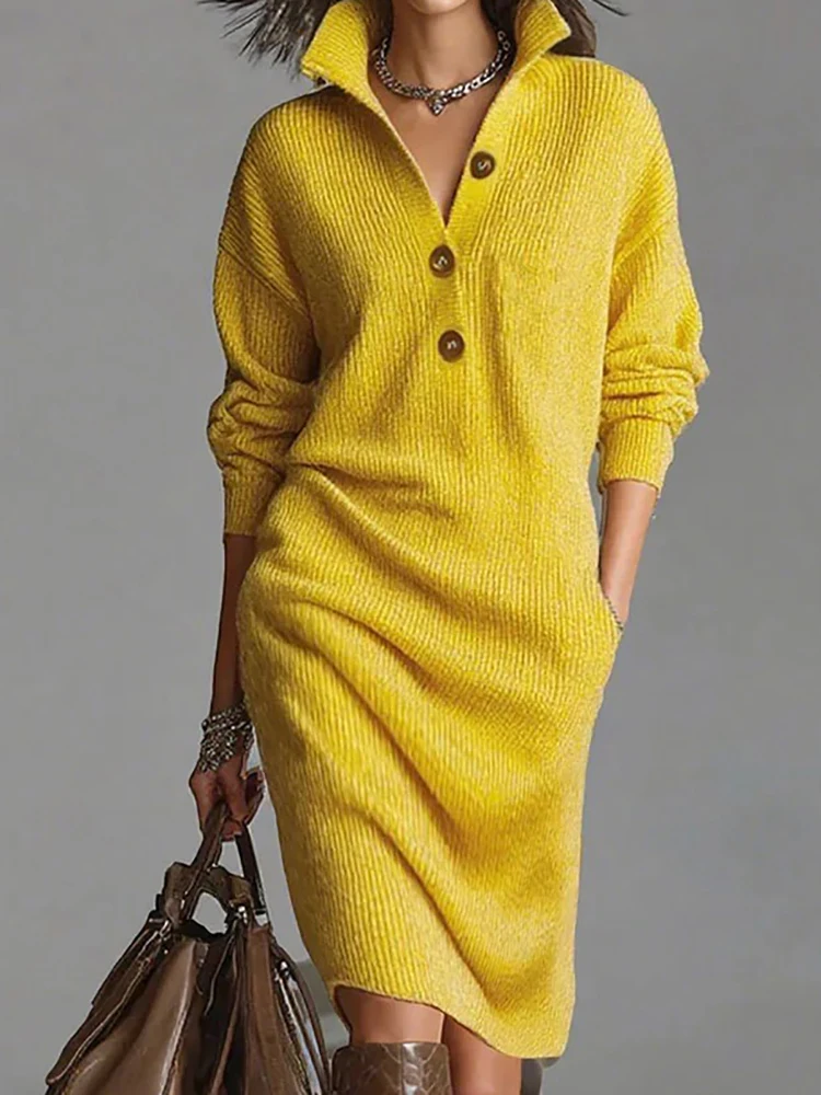 

Простое платье-свитер с отложным воротником, женское осенне-зимнее шикарное вечернее платье с длинными рукавами, новое однотонное лоскутное повседневное женское платье