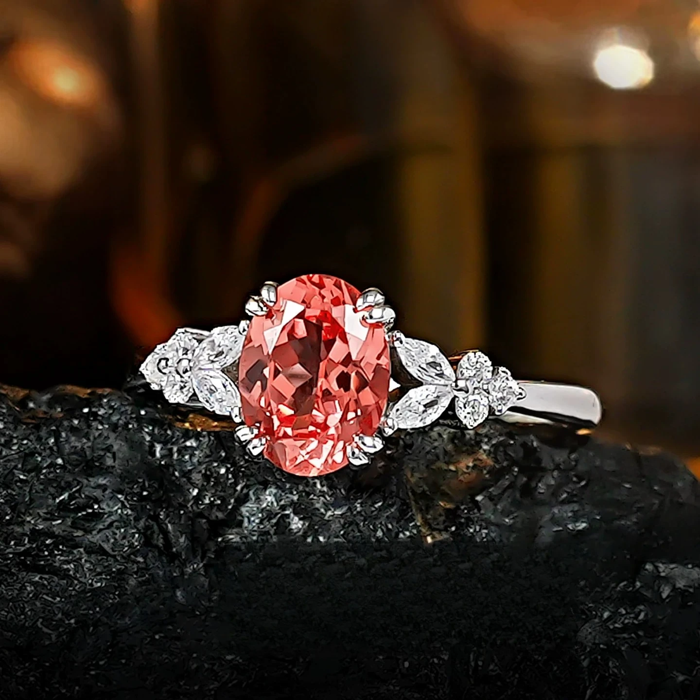 S925 Silver Ring Papalacha Powder 6 * 8mm Elliptical Zircon Inlaid Ring Commuter Versatile Popular Women's Jewelry