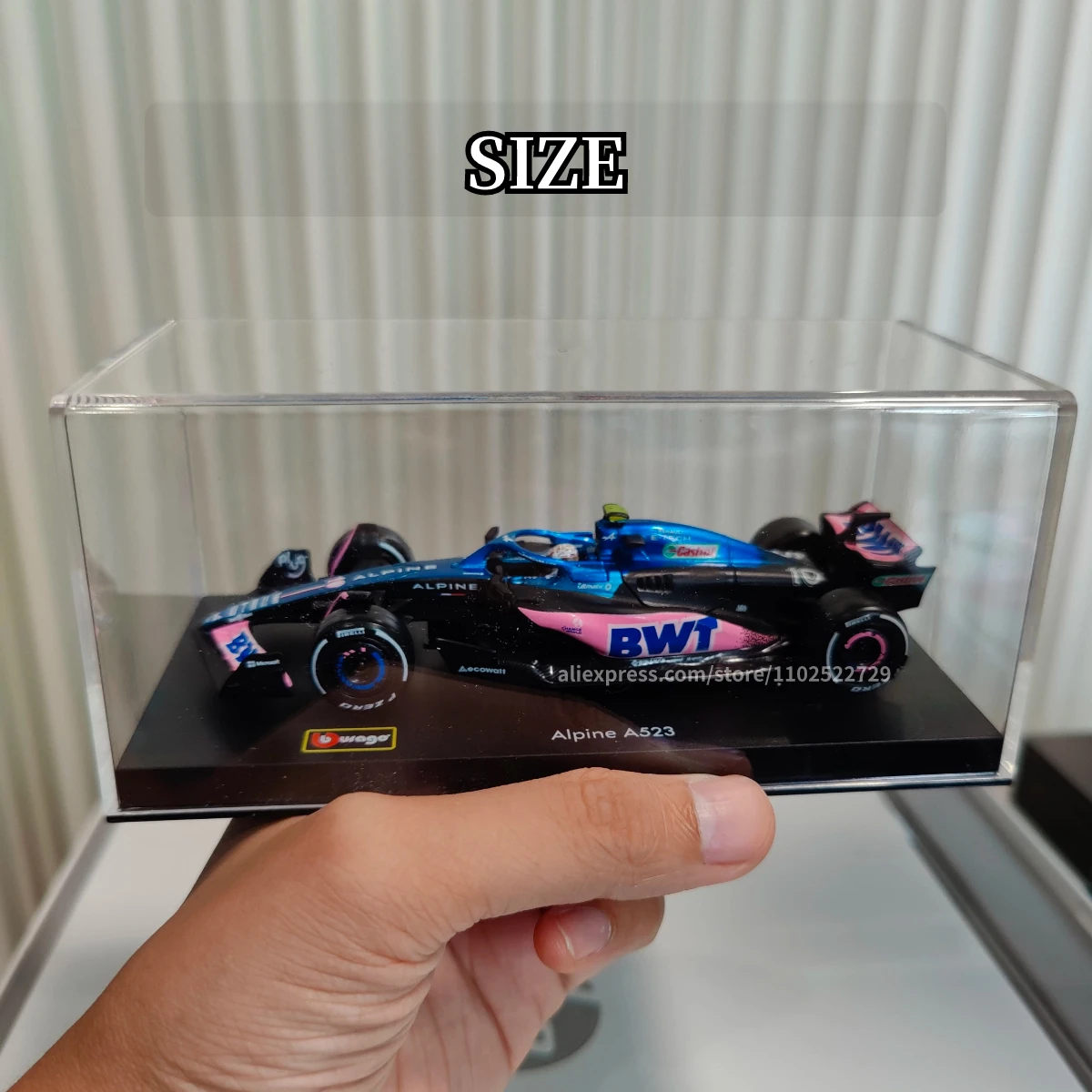 Bburago F1 2023 Alpine A523 Car Model with Showcase, Scale 1:43 French Formula 1 Replica Xmas Gift Boy Toy Miniature Home Decor