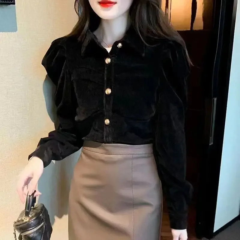 Office Lady Casual T Shirt New Fashion 2023 Black Vintage Chic Basic Solid Velvet Tops Puff Sleeve Sweet Stylish All-Match Loose