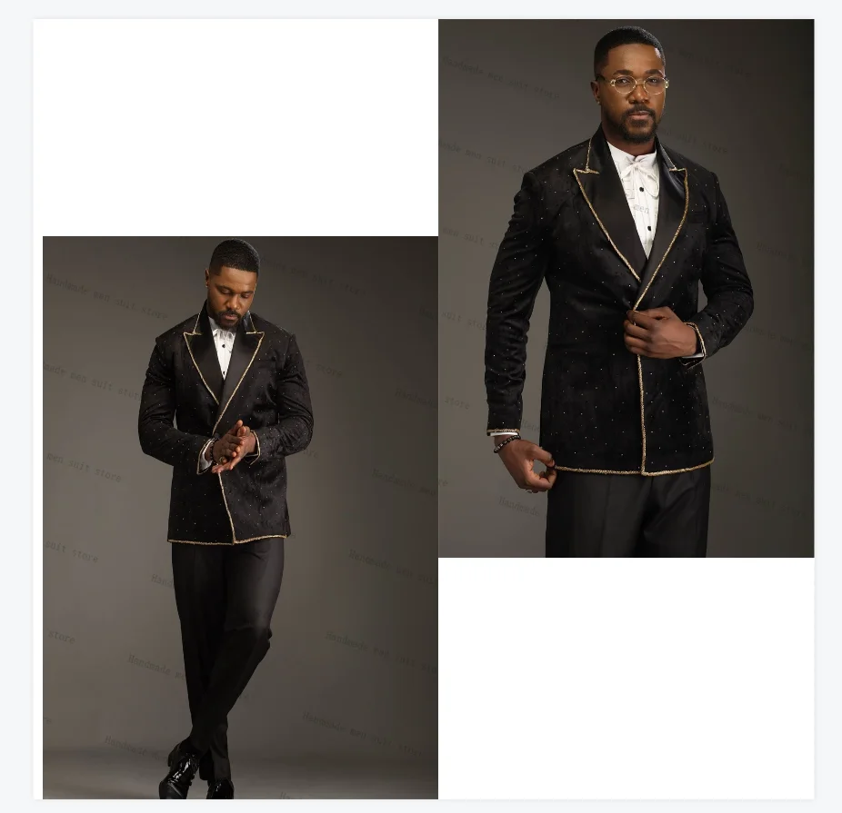 

Black Men Suits 2 Piece Beaded Blazer+Cotton Pants Crystals Luxury Wedding Tuxedo Coat Customized Formal Office Jacket Trousers