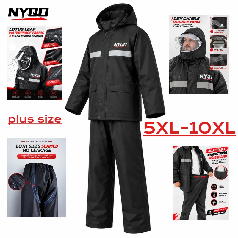 Plus Size Motorcycle Rain Suit 2 Pieces Jacket Pants Waterproof Rainwear with Reflective Stripe Removable Face Visor