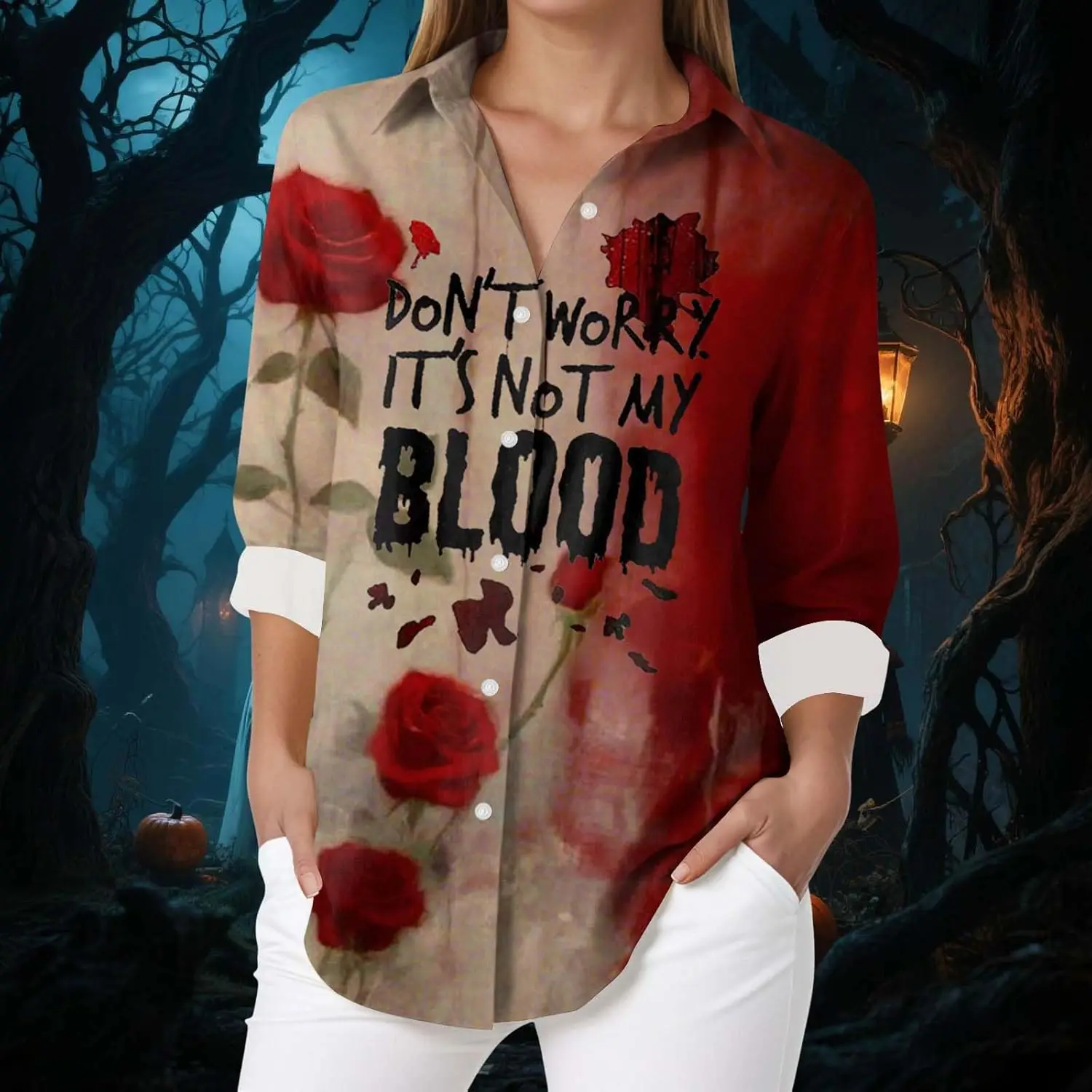 بلوزة الهالوين Kostüm Damen Bluse أنيقة بحاشية Langarmshirt Blutspritzer Muster Blusen mit