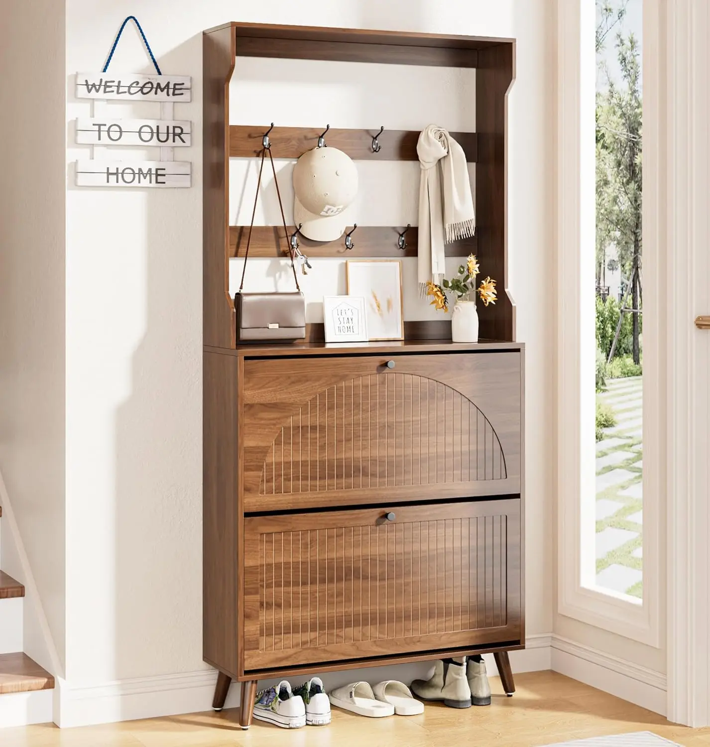 

2-Drawer Coat Rack Narrow Hidden Shoe Storage Cabinet Fluted Slim Organizer Entryway Hallway Walnut, Custom
