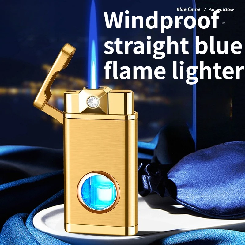 

НОВАЯ Зажигалка с бриллиантовой инкрустацией, прямым синим пламенем, прозрачным окном и подсветкой, металлическая ветрозащитная зажигалка, подарок для мужчин