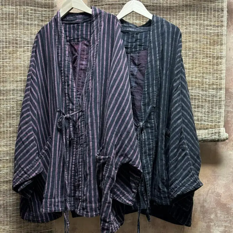 

Осенний стиль, женские куртки с рукавами «летучая мышь» и v-образным вырезом в полоску, с открытой строчкой, свободные двухуровневые хлопковые льняные пальто со шнуровкой, высокое качество