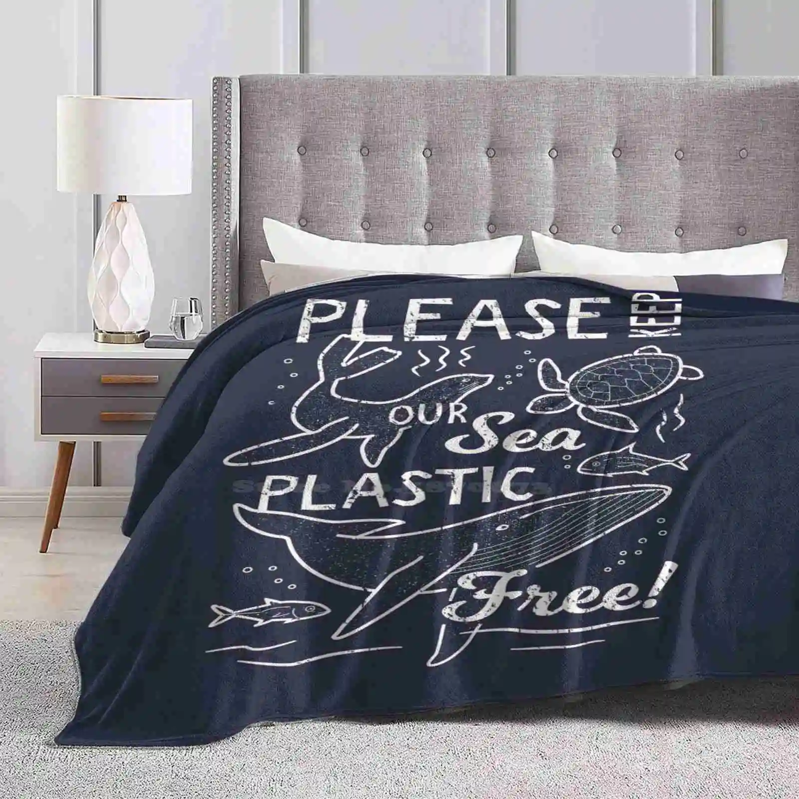 Please Keep Our Sea Plastic Free-Marine Animals Creative Design Light Thin Soft Flannel Blanket Stop Plastic Reduce Plastic