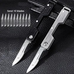 Mini Folding Medical Bisturi Faca, EDC Outdoor Desembalar Pocket Knife, 10Pcs Lâminas Substituíveis