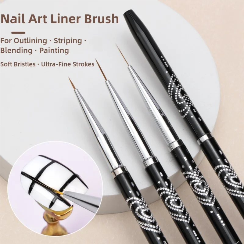 3Pcs Nail Art Liner Brush Set 7mm/9mm/11mm UV Gel Painting Fine Detail Striping Metal Rhinestone Handle French Tip Salon DIY