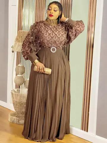 Hochzeit Party Prom Kleid Dubai Afrikanische Frauen Luxus Pailletten Gefaltete Lange Kleid Ankara Dashiki Türkei Kleidung Formale Anlass Kleid