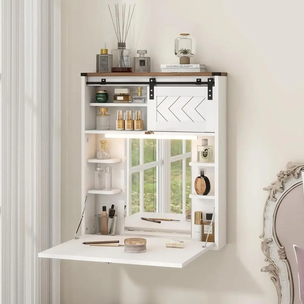 

Compact Wall-Mounted Makeup Desk with Mirror, Lights, and Storage for Small Spaces