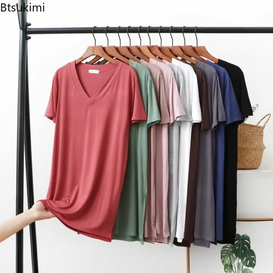 New Modal V-Neck Tshirt Short Sleeves Solid Color Mid-Length Casual Loose T-Shirts M-2XL Size Summer Women's Tee Tops All Match
