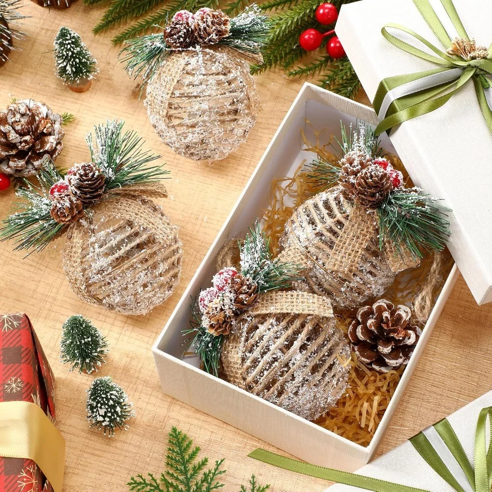 4 Uds. De adornos navideños festivos tejidos a mano de 8cm, bolas de mimbre de piña y baya roja para decoraciones colgantes de árbol de Navidad, Año Nuevo