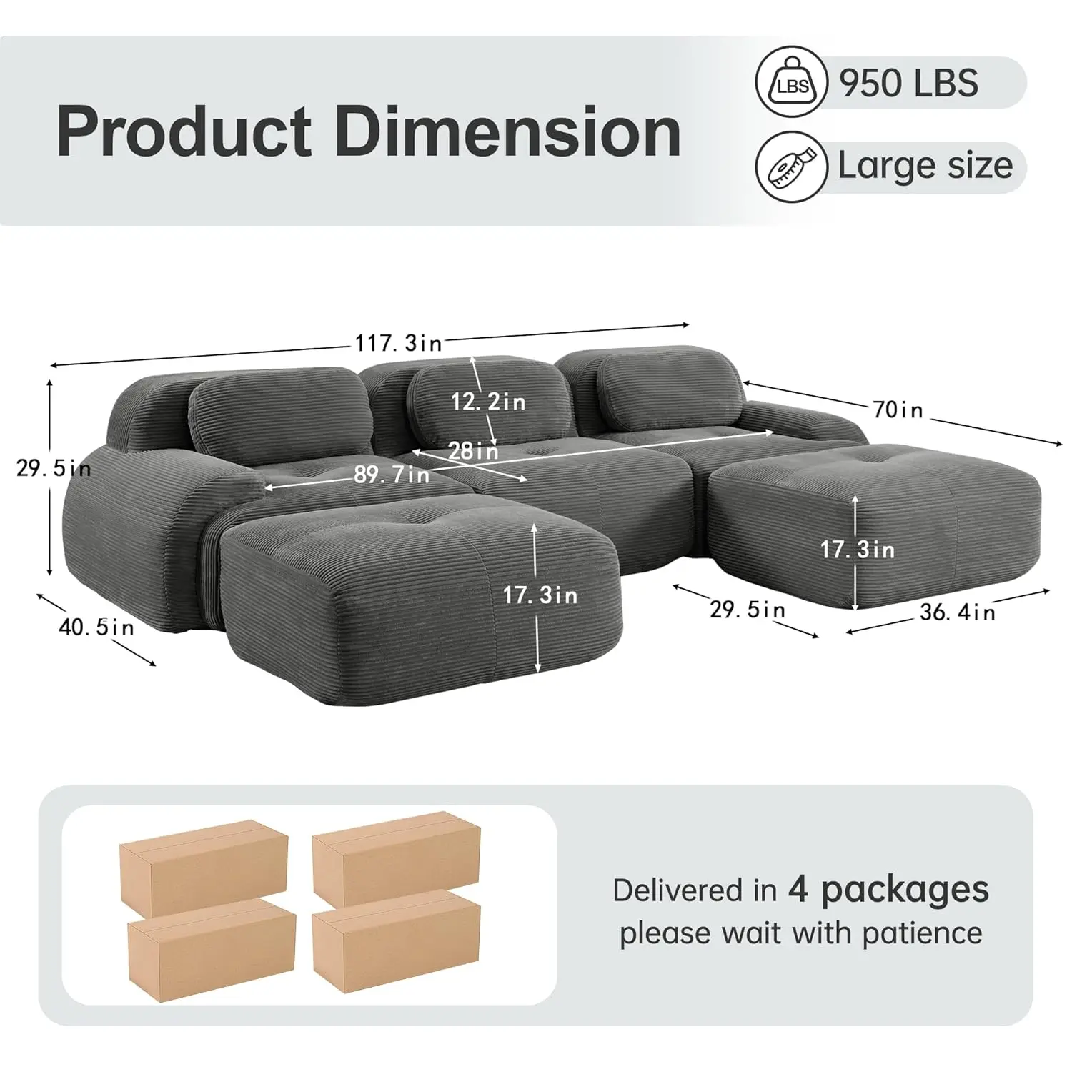 117.3 Inch U-Shaped Cloud Modular Sectional Sofa 3 Seater Boneless Deep Seat 2 Movable Ottomans for Living Room