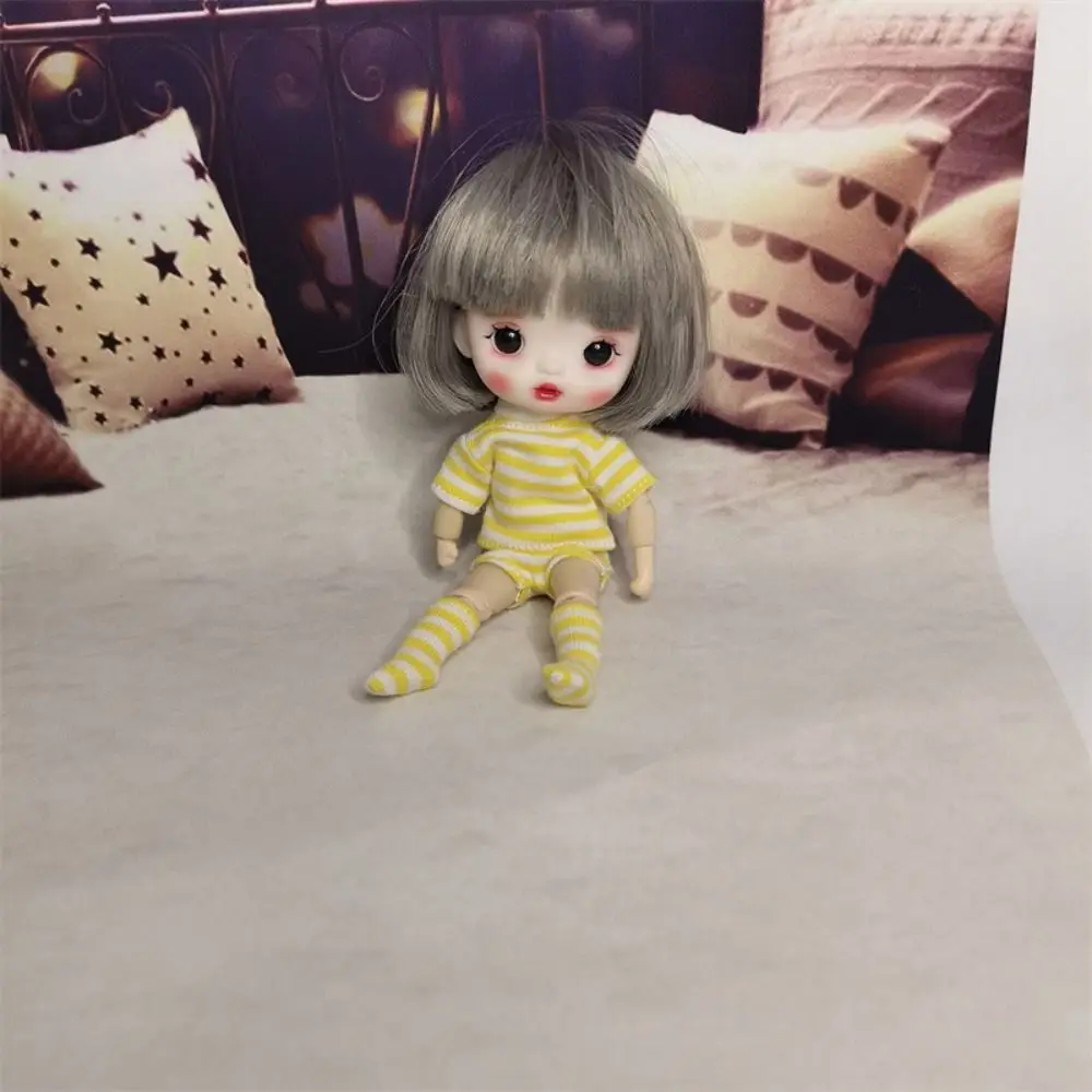 DIY Toy T-shirt Ob11 Doll Clothes Shorts Socks Handmade Doll Underwear Three-piece Cotton OB11 Striped Tops 1/12 Doll