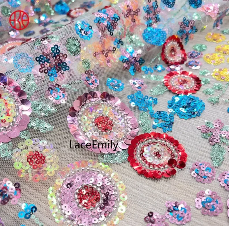 

Colorful Sequin flower embroidery Lace Fabric floral soft Tulle Fabric For Girl Dress Tutu Dress Wedding Dress Bridal Veil