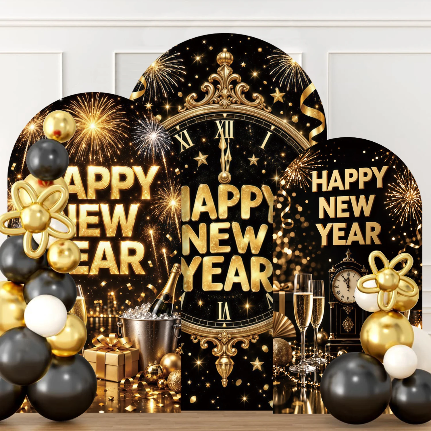 Yeele 2027 Happy New Year Arch Backdrop Cover Colorful Flowers Golden Sparkling Champagne Clock Adult Portrait Arched Background