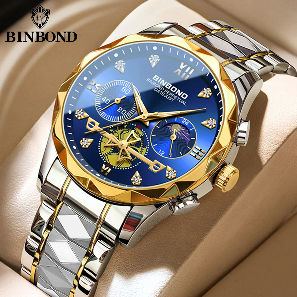 BINBOND Military Man Quartz Chronograph Wristwatch Moon Phase Waterproof Sports Watch for Men Stainless Steel Men's Quartz Watch