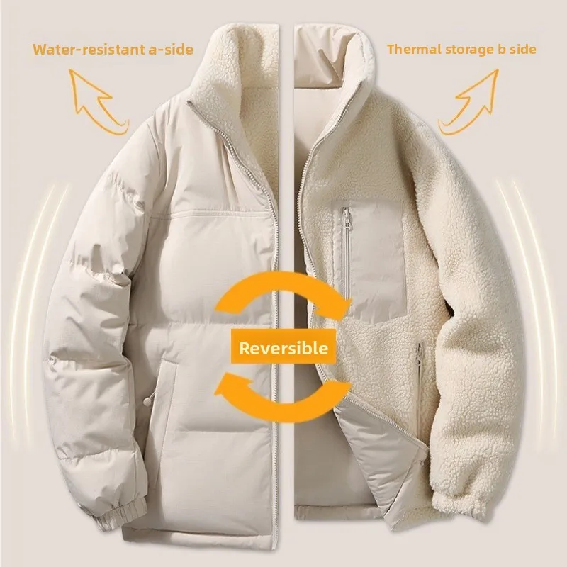 

2026 Reversible Wool Cotton Coat Thickened Fleece Lined Warm Winter Coat for Unisex Couple Korean Fashion Loose Fit Daily