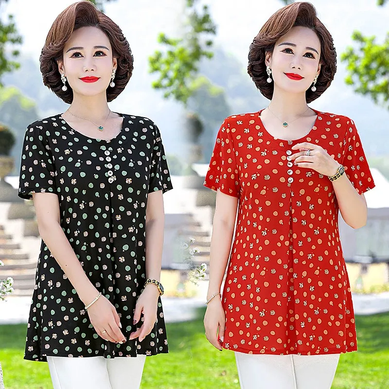 Plus size 7XL Loose Women Summer Shirts Lady Fashion Casual Short sleeve O-Neck Collar Button Mother dot Printing Blusas Tops
