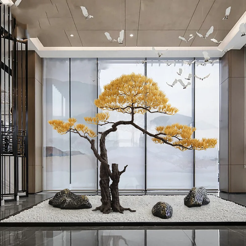 Simulated pine tree ornaments. Large floor to ceiling sculpture of hotel lobby, villa courtyard landscape