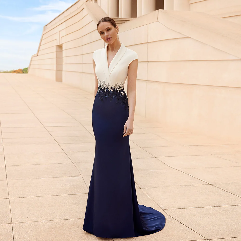 Vestidos Elegantes de sirena para madre de la novia, vestidos de manga corta con cuello en V, apliques para fiesta de boda, longitud hasta el suelo