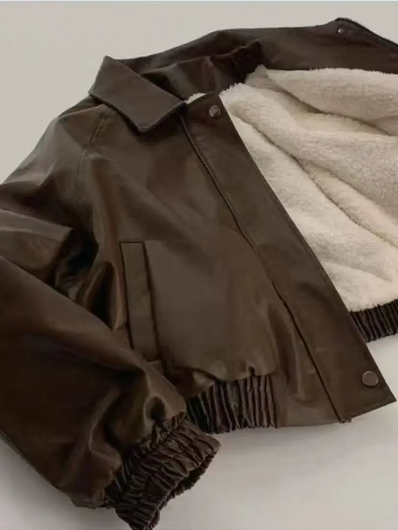 2025 Autumn Winter Thiened Fce Lined PU Leather Jaet Women's Loose ort Outerwear Korean Sle Warm Straight Cut