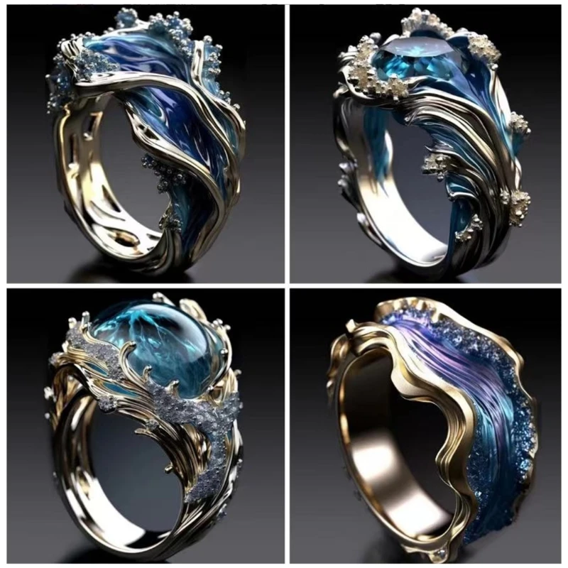 Ocean Wave Rings Friendship Rings Women Fashion Accessory Finger Jewelry Sea Ring Resin Alloy Rings for Various Occasion