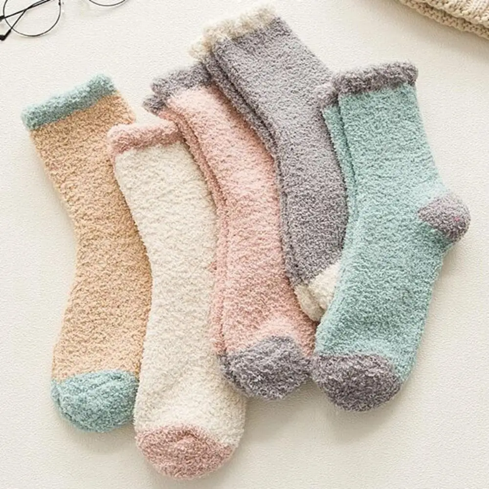 

5Pairs Cute Thickened Coral Fleece Socks Winter Patchwork Floor Socks Sleeping Simple Warm Boat Socks Women Autumn