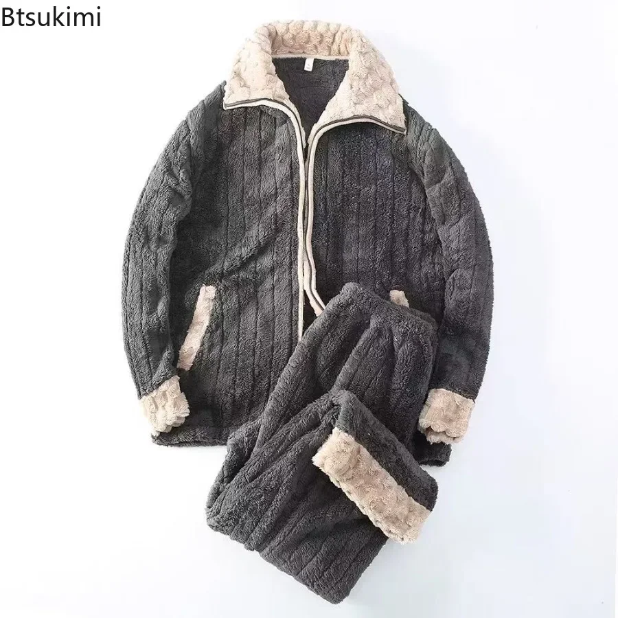 Men's Flannel Pajama Sets Cozy Keep Warm Single Zipper Lapel Sleepwear Autumn and Winter Thicked Coral Velvet Loungewear Male