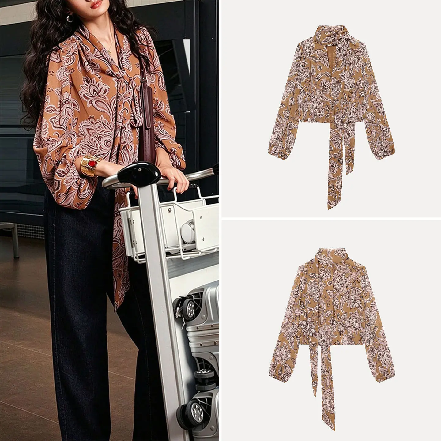 Fashionable Retro Floral Print Belted Shirt for Women Autumn Collection Long Sleeve Tunic Top with Sash And Bow Detail