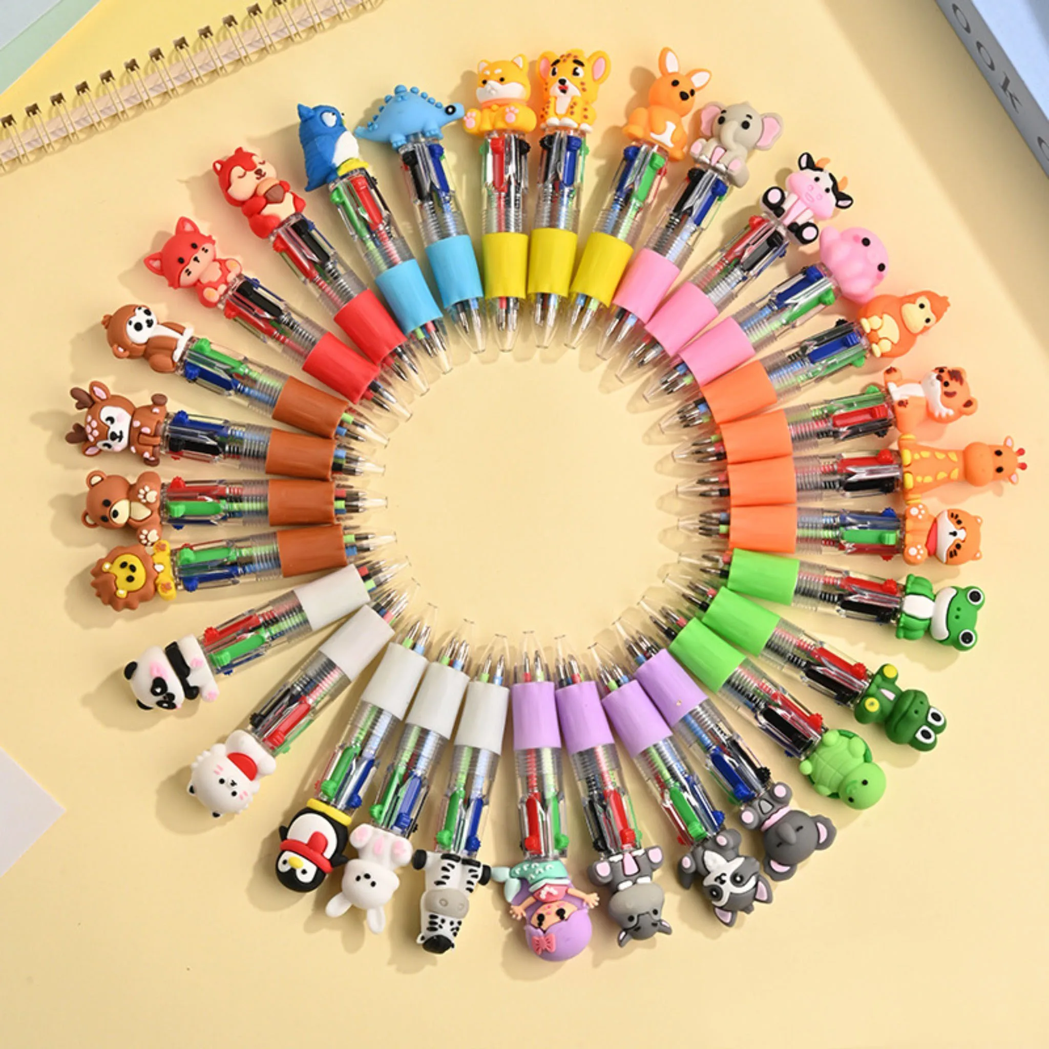 5/10Pcs Cute Animal 4-Color Retractable Ballpoint Pens, Transparent Multi-Color Mini Pocket Pens, Cartoon Silicone Topper Multic