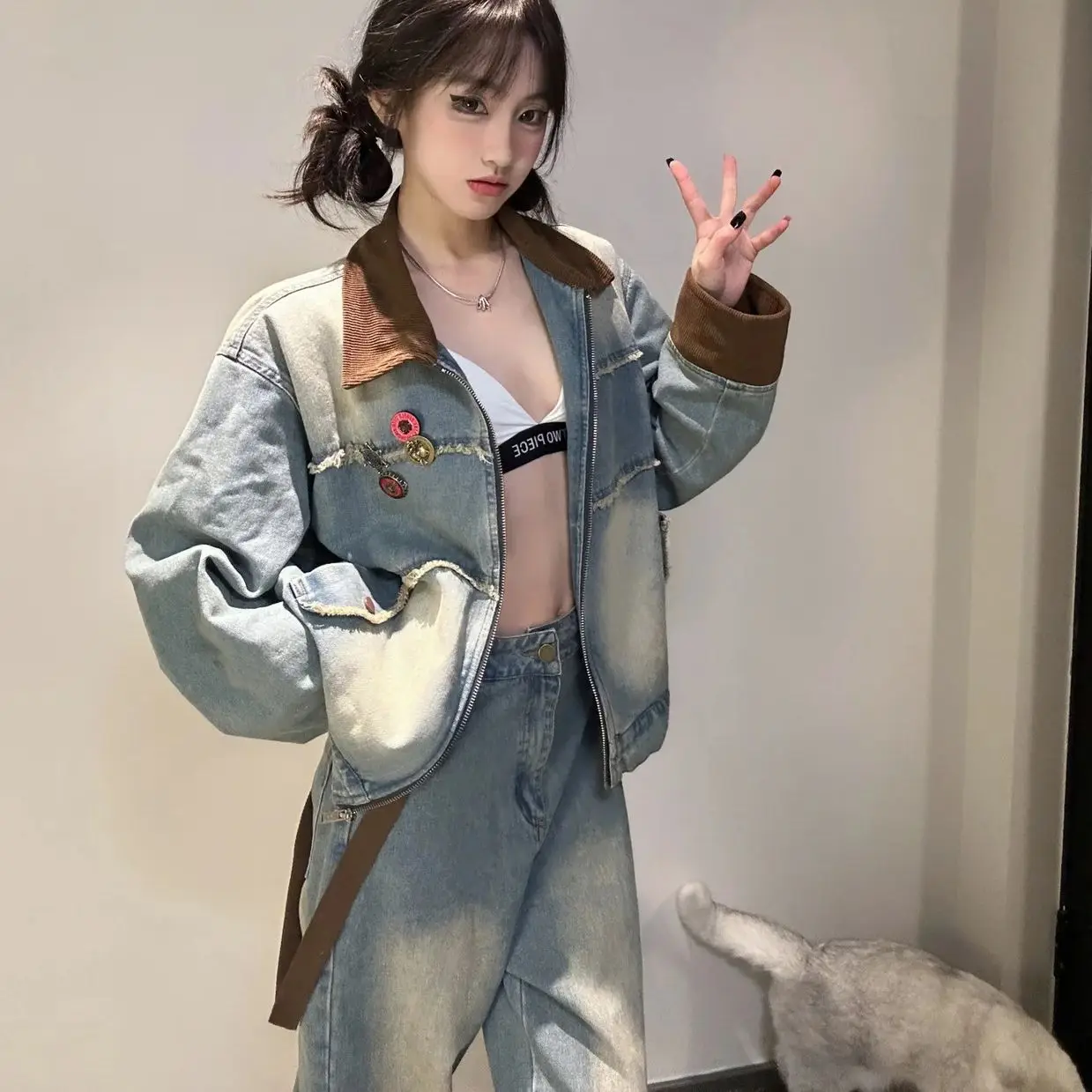

Korea Niche Retro Spliced ​​Denim Jacket Women 2025 Spring Autumn New Loose Old Design Versatile Long-Sleeved Jacket